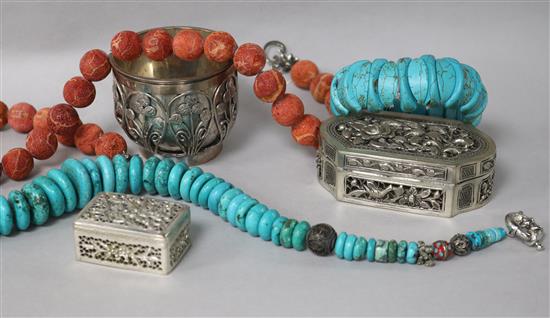 A group Chinese plated items, two necklaces and a bracelet